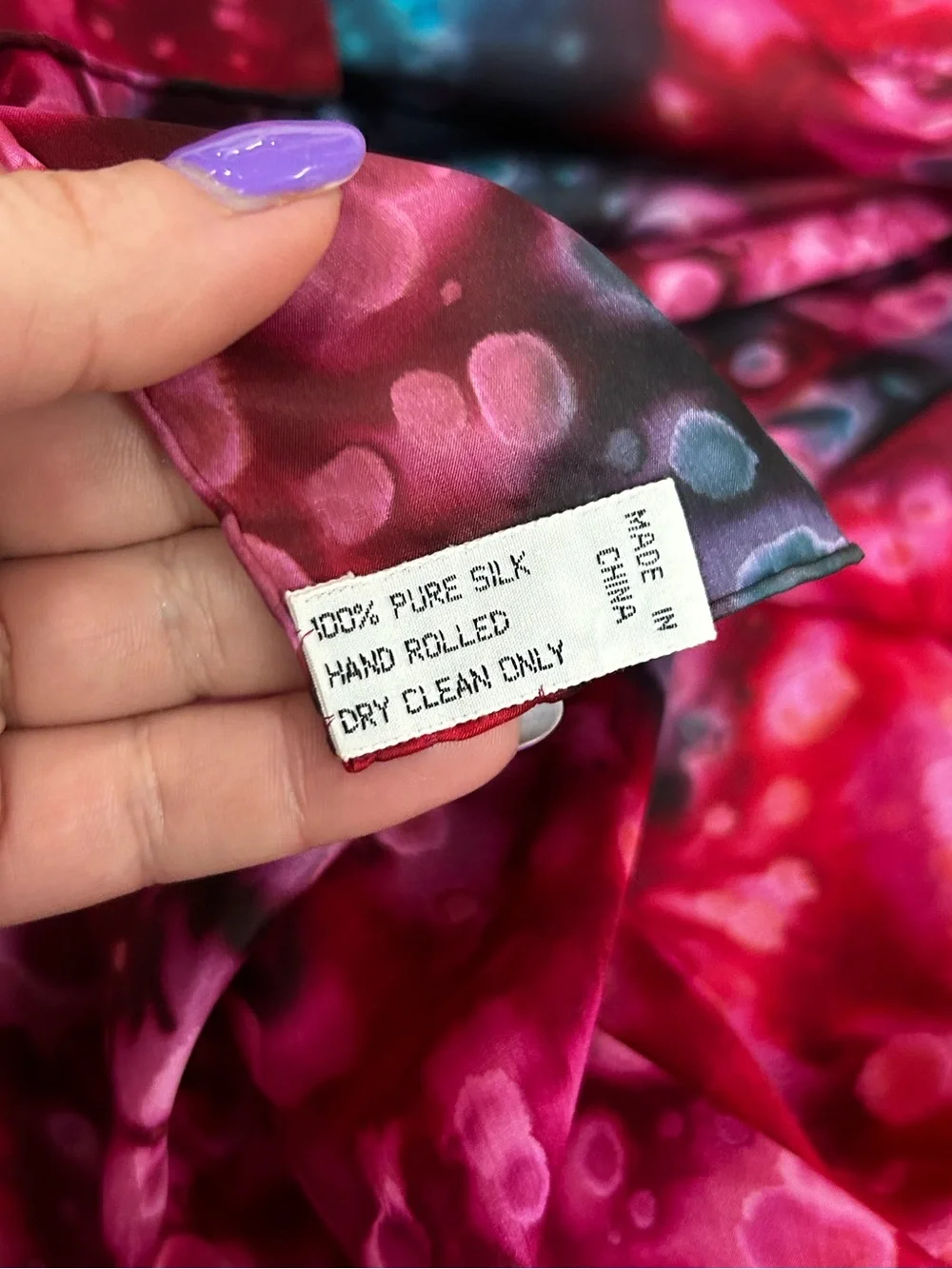 Pure Silk Abstract Pink Blue Scarf Square Magenta and Purple Watercolor Dots